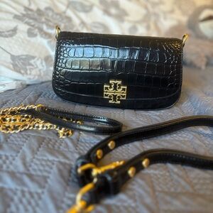 Tory Burch Black Croc-Embossed Leather Bag with Gold Details
